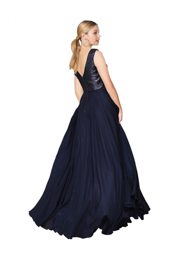 Erschwingliche Dunkelmarine A-Linien V-Ausschnitt Chiffon Paillette Lange Brautjungfernkleider / Abiballkleider