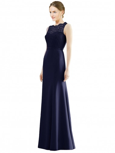 Erschwingliche Dunkelmarine Meerjungfrau Illusion Ausschnitt Chiffon Spitze Lange Brautjungfernkleider