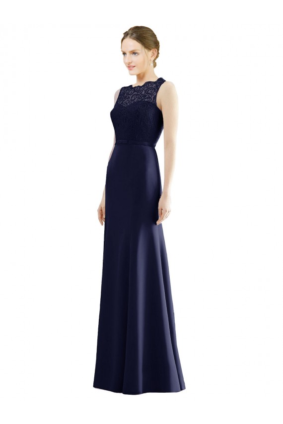 Erschwingliche Dunkelmarine Meerjungfrau Illusion Ausschnitt Chiffon Spitze Lange Brautjungfernkleider