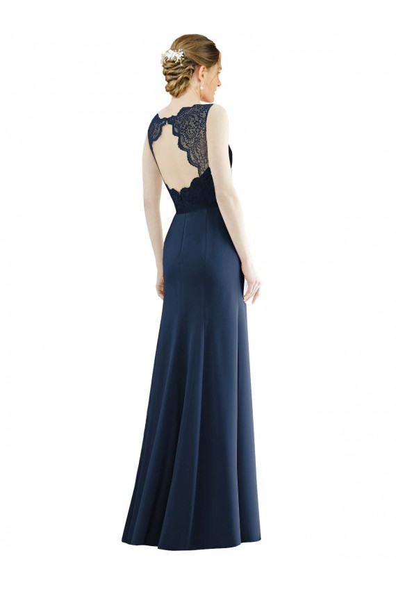 Erschwingliche Dunkelmarine Meerjungfrau Illusion Ausschnitt Chiffon Spitze Lange Brautjungfernkleider