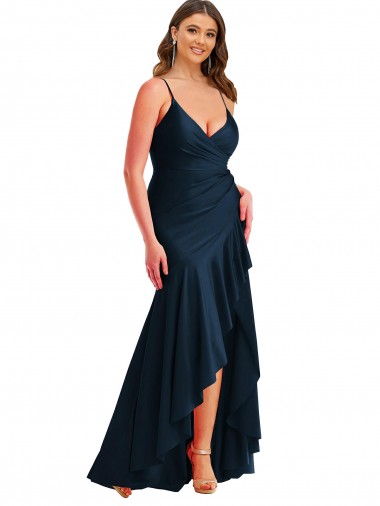 Erschwingliche Dunkelmarine Meerjungfrau Spaghetti-Träger Seidiger Satin Lange Formale Brautjungfernkleider / Abendkleider / Abiballkleider