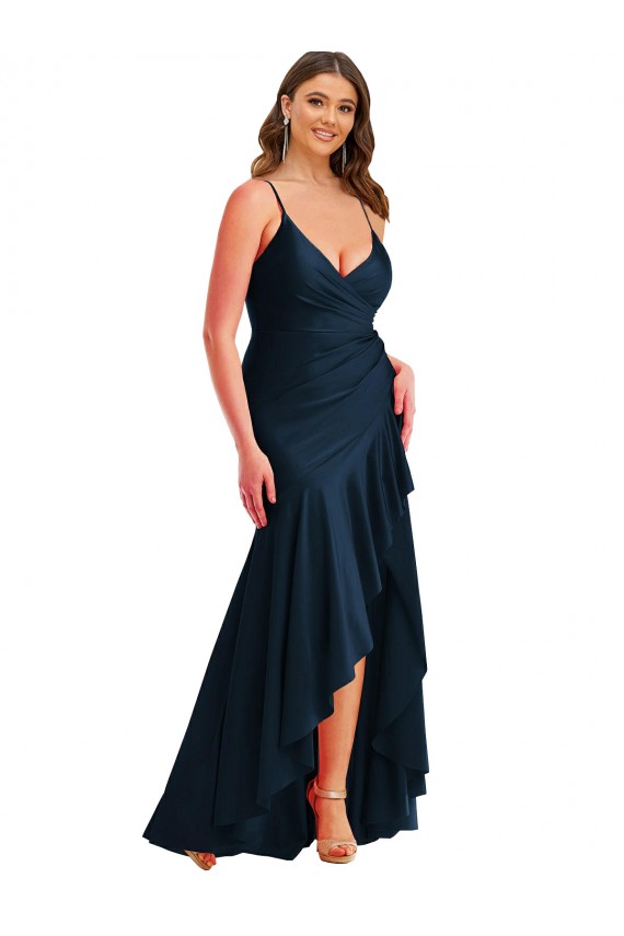 Erschwingliche Dunkelmarine Meerjungfrau Spaghetti-Träger Seidiger Satin Lange Formale Brautjungfernkleider / Abendkleider / Abiballkleider
