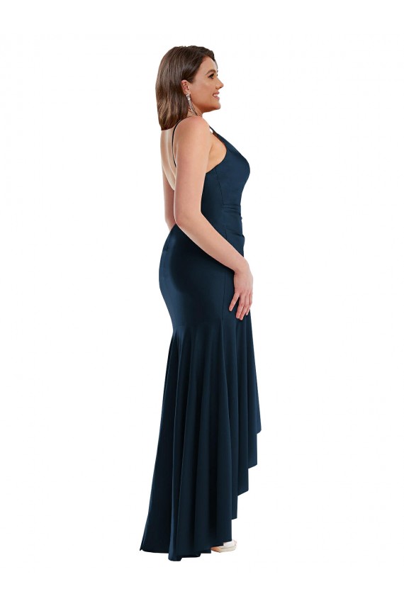 Erschwingliche Dunkelmarine Meerjungfrau Spaghetti-Träger Seidiger Satin Lange Formale Brautjungfernkleider / Abendkleider / Abiballkleider