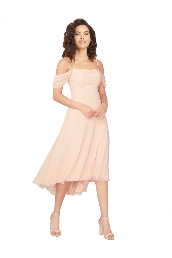 Erschwingliche Eisrosa A-Linien Quadrat Ausschnitt Midi Chiffon Kurze Brautjungfernkleider