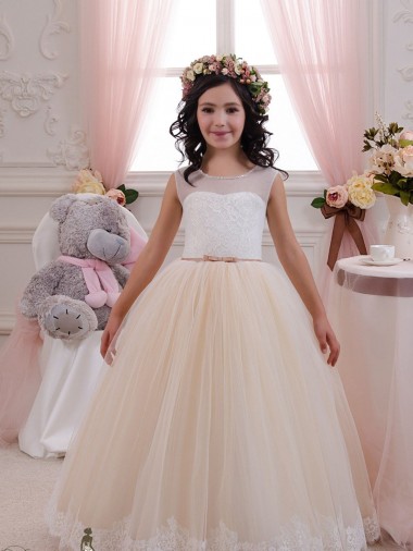 Erschwingliche Elfenbein & Champagner Prinzessin Tüll Spitze Lange Blumenmädchenkleider