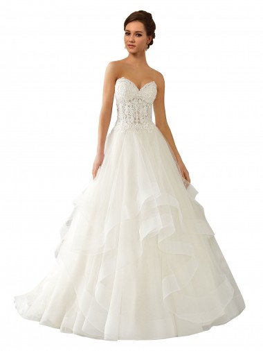 Erschwingliche Elfenbein Prinzessin Kapelle-schleppe Satin Tüll Spitze Brautkleider