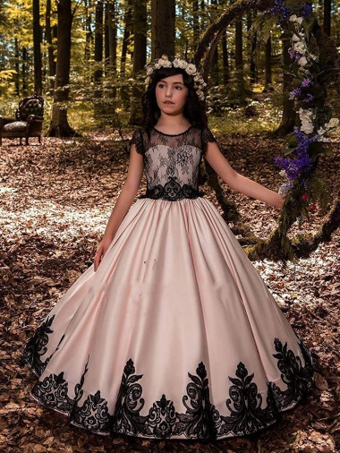 Erschwingliche Elfenbein Prinzessin Satin Spitze Lange Blumenmädchenkleider