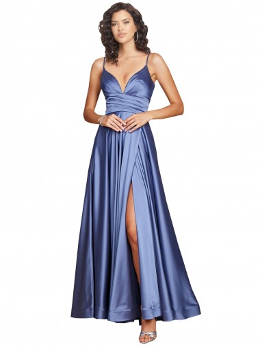 Erschwingliche Französisch Blau A-Linien Spaghetti-Träger Seidiger Satin Lange Formale Brautjungfernkleider / Abendkleider / Abiballkleider