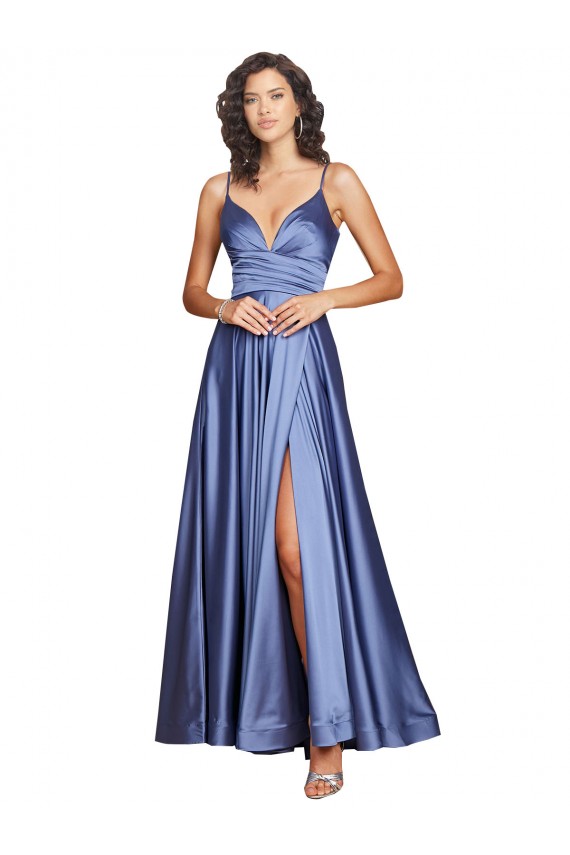 Erschwingliche Französisch Blau A-Linien Spaghetti-Träger Seidiger Satin Lange Formale Brautjungfernkleider / Abendkleider / Abiballkleider