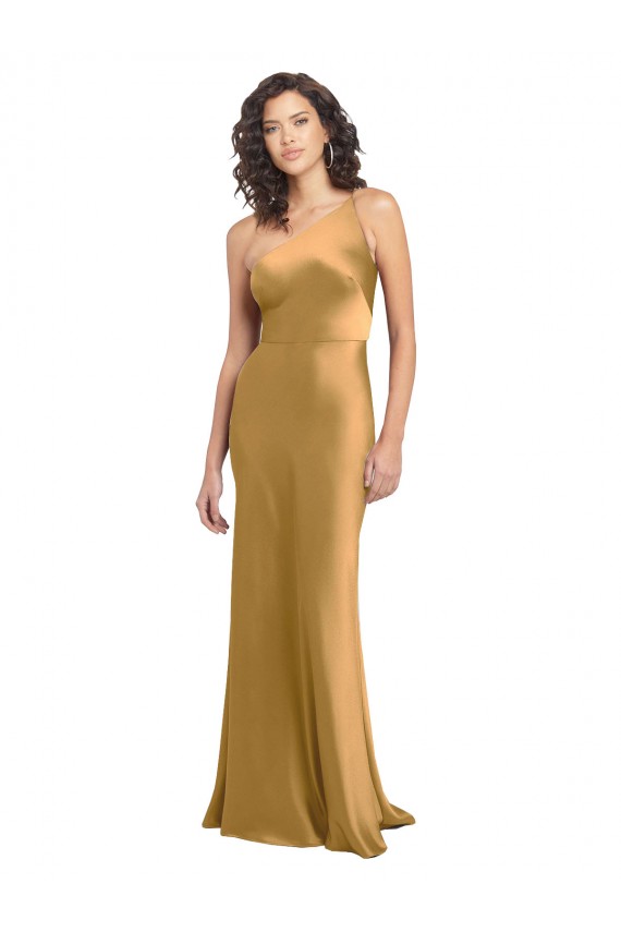 Erschwingliche Gold A-Linien Eine-Schulter Stretch-Satin Lange Formale Brautjungfernkleider / Abendkleider / Abiballkleider