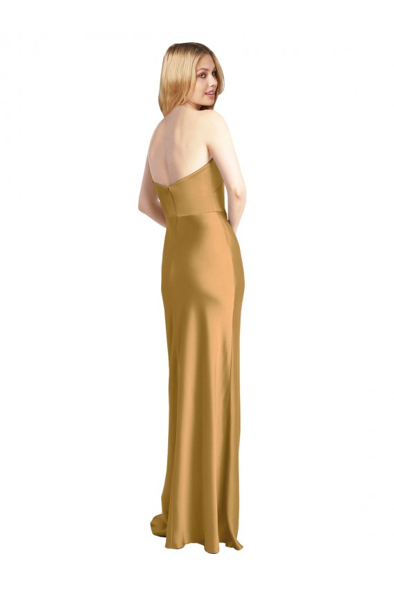 Erschwingliche Gold A-Linien Trägerlos Stretch-Satin Lange Formale Brautjungfernkleider / Abendkleider / Abiballkleider