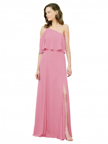 Erschwingliche Hautrosa A-Linien Eine-Schulter Chiffon Lange Brautjungfernkleider