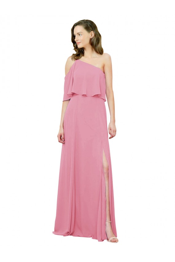 Erschwingliche Hautrosa A-Linien Eine-Schulter Chiffon Lange Brautjungfernkleider