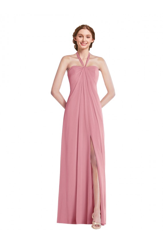 Erschwingliche Hautrosa A-Linien Neckholder Chiffon Lange Brautjungfernkleider