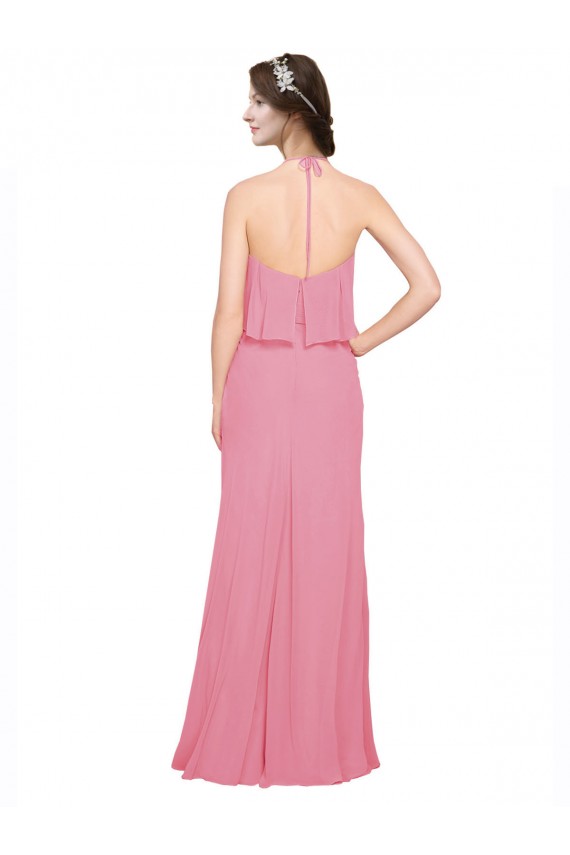 Erschwingliche Hautrosa A-Linien Neckholder Stehkragen Ausschnitt Chiffon Lange Brautjungfernkleider