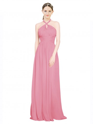 Erschwingliche Hautrosa A-Linien Neckholder V-Ausschnitt Chiffon Lange Brautjungfernkleider
