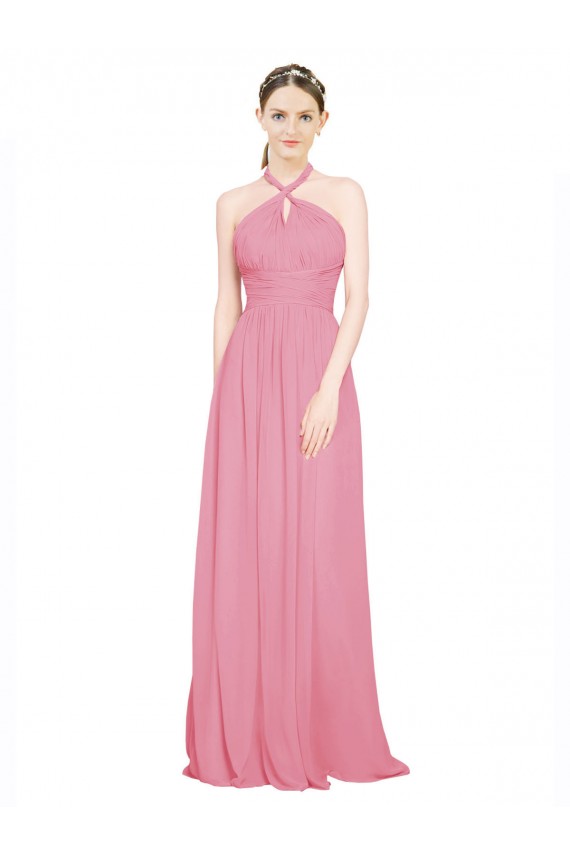 Erschwingliche Hautrosa A-Linien Neckholder V-Ausschnitt Chiffon Lange Brautjungfernkleider
