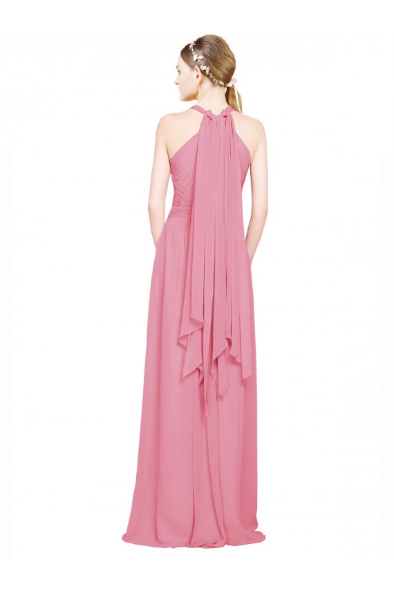 Erschwingliche Hautrosa A-Linien Neckholder V-Ausschnitt Chiffon Lange Brautjungfernkleider