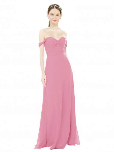 Erschwingliche Hautrosa A-Linien Off-Schulter Chiffon Lange Brautjungfernkleider