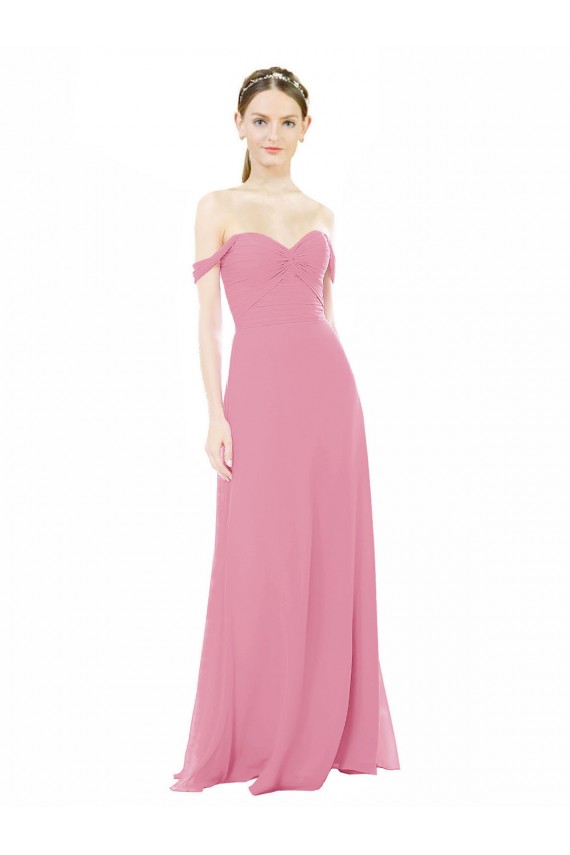 Erschwingliche Hautrosa A-Linien Off-Schulter Chiffon Lange Brautjungfernkleider