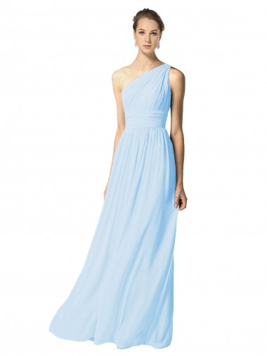 Erschwingliche Helles Himmelblau A-Linien Eine-Schulter Chiffon Lange Brautjungfernkleider