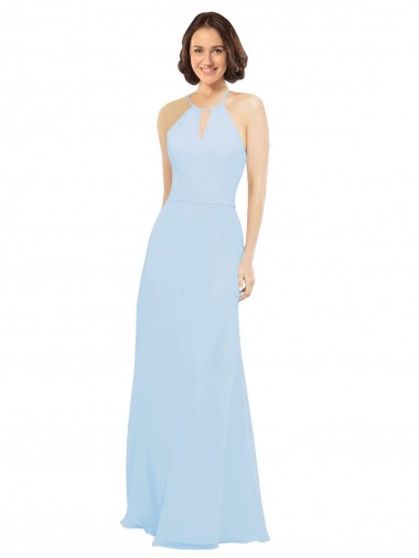 Erschwingliche Helles Himmelblau A-Linien Neckholder Chiffon Lange Brautjungfernkleider