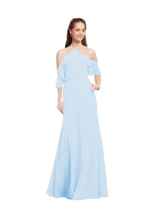 Erschwingliche Helles Himmelblau A-Linien Neckholder Chiffon Lange Brautjungfernkleider