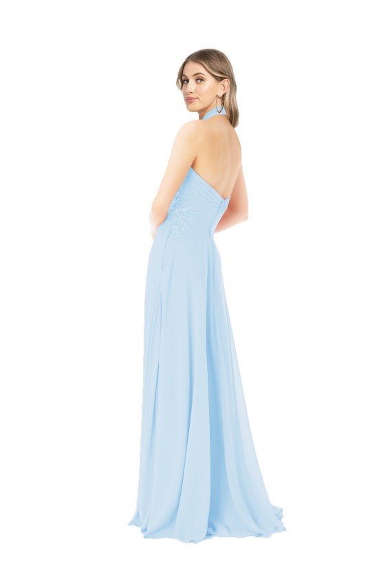 Erschwingliche Helles Himmelblau A-Linien Neckholder Stehkragen Ausschnitt Chiffon Lange Brautjungfernkleider