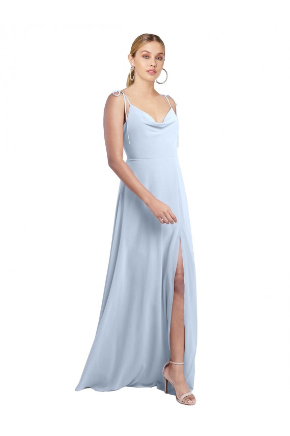 Erschwingliche Helles Himmelblau A-Linien Spaghetti-Träger Haube Ausschnitt Chiffon Lange Brautjungfernkleider