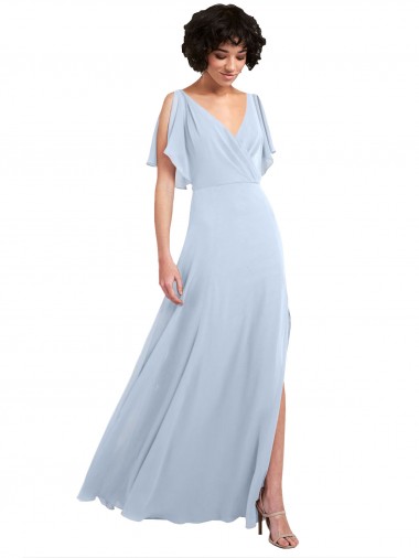 Erschwingliche Helles Himmelblau A-Linien V-Ausschnitt Chiffon Lange Brautjungfernkleider