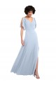 Erschwingliche Helles Himmelblau A-Linien V-Ausschnitt Chiffon Lange Brautjungfernkleider