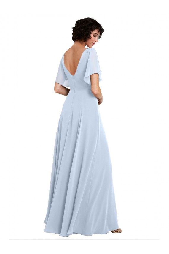 Erschwingliche Helles Himmelblau A-Linien V-Ausschnitt Chiffon Lange Brautjungfernkleider