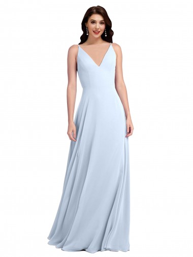 Erschwingliche Helles Himmelblau A-Linien V-Ausschnitt Chiffon Lange Brautjungfernkleider