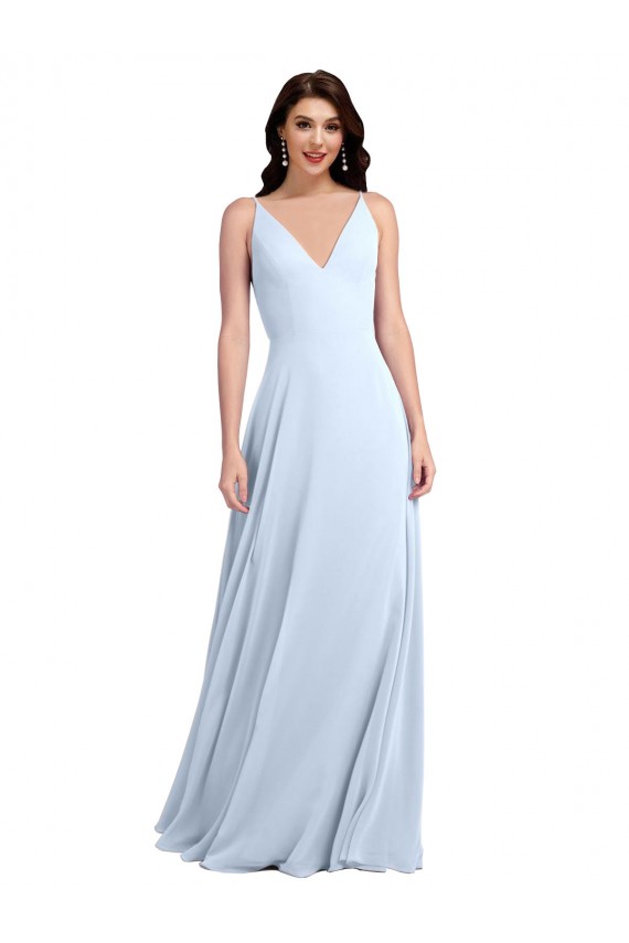 Erschwingliche Helles Himmelblau A-Linien V-Ausschnitt Chiffon Lange Brautjungfernkleider