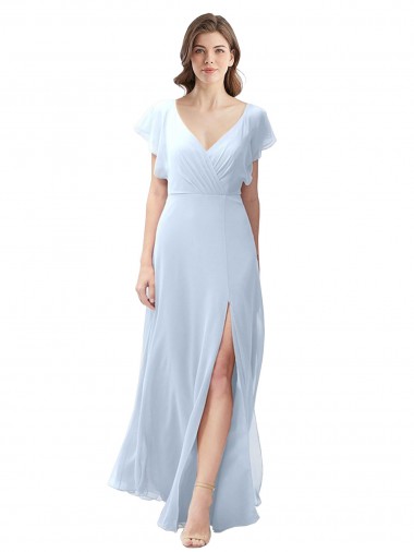 Erschwingliche Helles Himmelblau A-Linien V-Ausschnitt Chiffon Lange Brautjungfernkleider