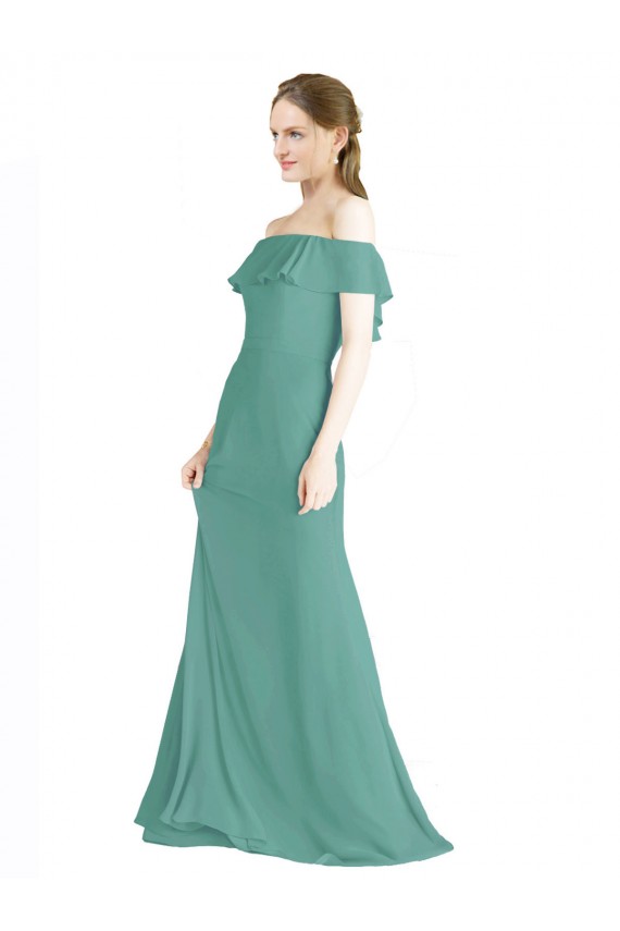 Erschwingliche Isländisches Silber A-Linien Off-Schulter Chiffon Lange Brautjungfernkleider