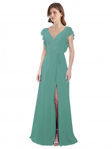 Erschwingliche Isländisches Silber A-Linien V-Ausschnitt Chiffon Lange Brautjungfernkleider