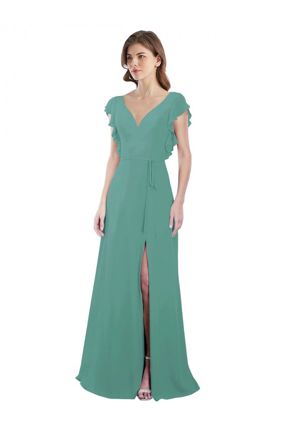 Erschwingliche Isländisches Silber A-Linien V-Ausschnitt Chiffon Lange Brautjungfernkleider