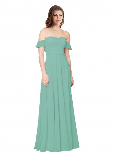 Erschwingliche Jade A-Linien Off-Schulter Chiffon Lange Brautjungfernkleider