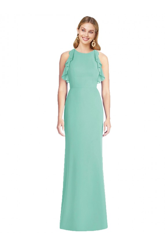 Erschwingliche Jade Meerjungfrau Juwel Ausschnitt Chiffon Lange Brautjungfernkleider