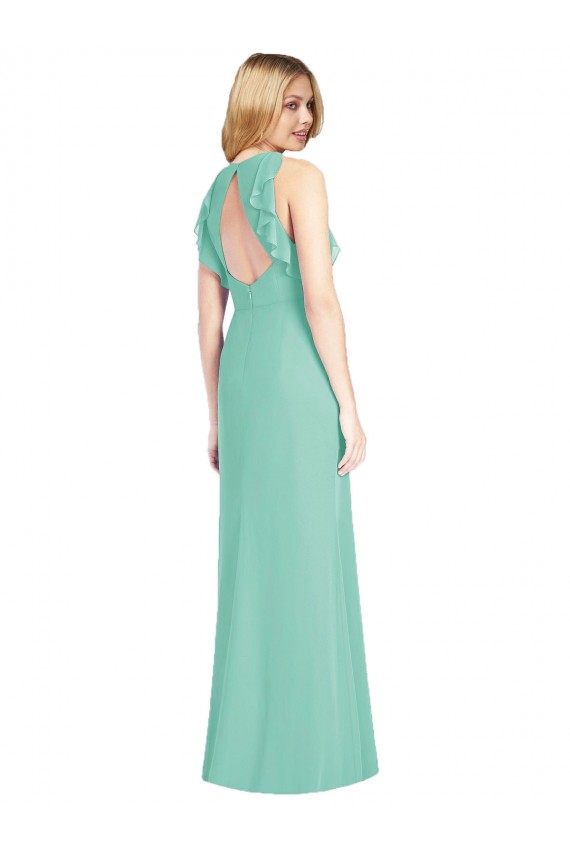 Erschwingliche Jade Meerjungfrau Juwel Ausschnitt Chiffon Lange Brautjungfernkleider