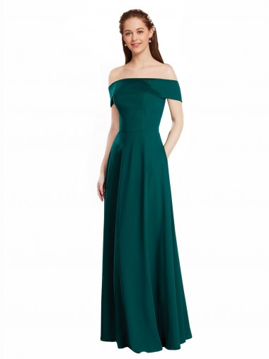 Erschwingliche Jagdgrün A-Linien Off-Schulter Chiffon Lange Brautjungfernkleider