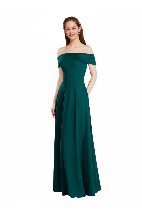 Erschwingliche Jagdgrün A-Linien Off-Schulter Chiffon Lange Brautjungfernkleider