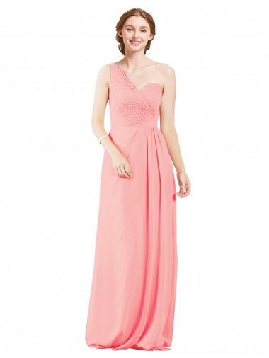 Erschwingliche Lachs A-Linien Eine-Schulter Chiffon Lange Brautjungfernkleider