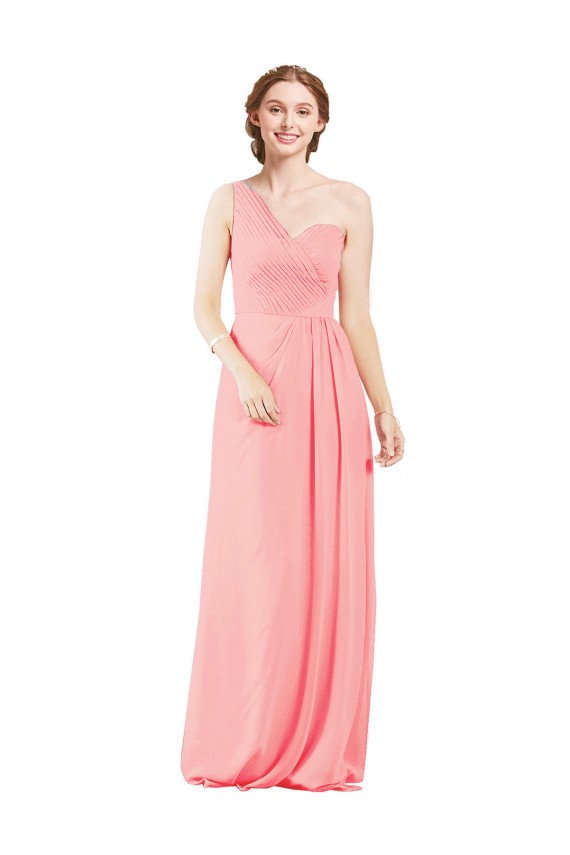 Erschwingliche Lachs A-Linien Eine-Schulter Chiffon Lange Brautjungfernkleider