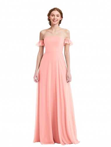 Erschwingliche Lachs A-Linien Off-Schulter Chiffon Lange Brautjungfernkleider