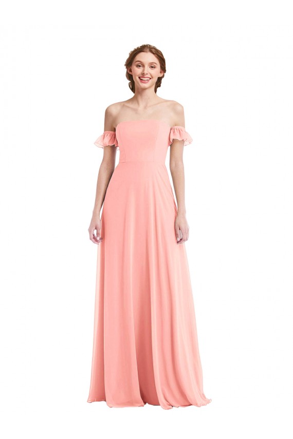 Erschwingliche Lachs A-Linien Off-Schulter Chiffon Lange Brautjungfernkleider