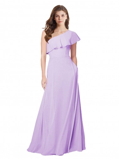 Erschwingliche Lila A-Linien Eine-Schulter Chiffon Lange Brautjungfernkleider