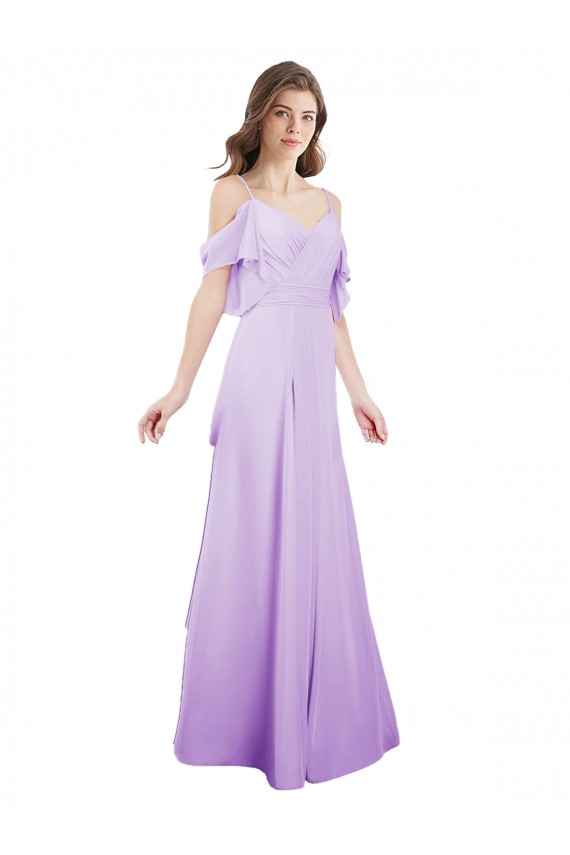 Erschwingliche Lila A-Linien Off-Schulter Spaghetti-Träger Chiffon Lange Brautjungfernkleider
