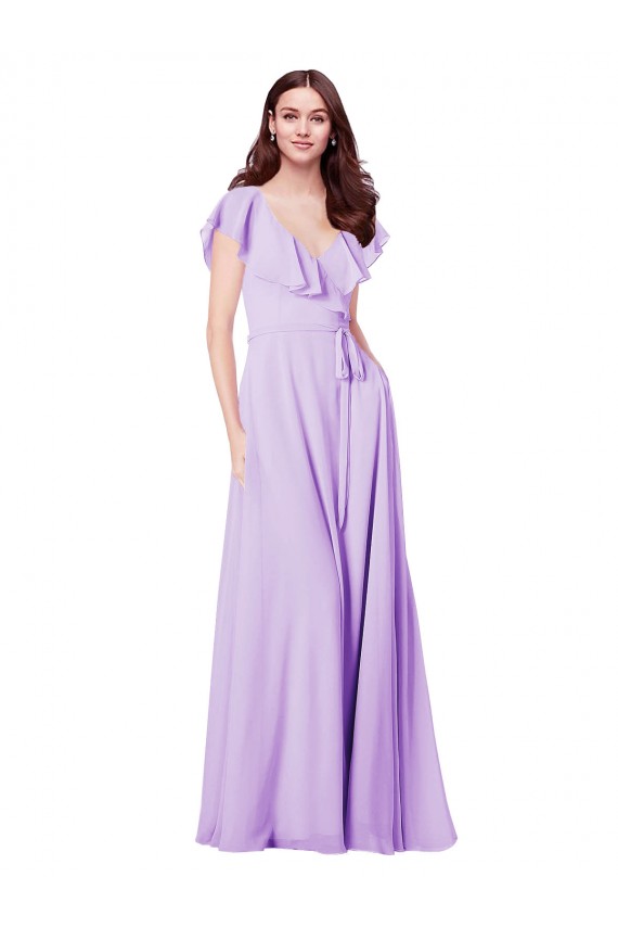 Erschwingliche Lila A-Linien V-Ausschnitt Chiffon Lange Brautjungfernkleider